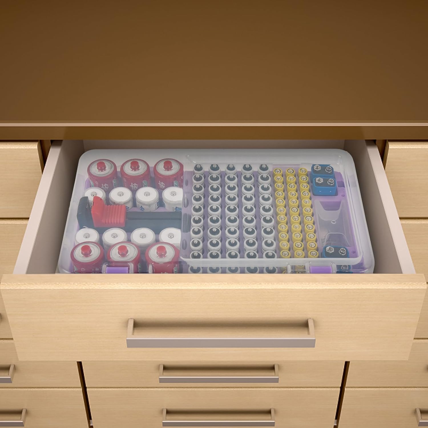 Battery Organizer Storage Case with Tester Checker. Batteries Holder Box Container for 120+ AA AAA 9V C D Lithium CR2025 CR1632 CR2032 Coin Cell Battery with Wall-Mounted Design -Purple