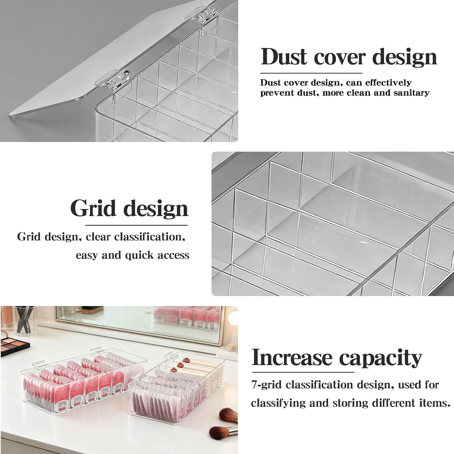 2 Pack Clear Acrylic Makeup Organizers, 7-Section Bathroom Organizer for Drawer, Cosmetic Display Cases with Lid, Blushes Highlighters Eyeshadow Powder Makeup Organizer Holder Storage