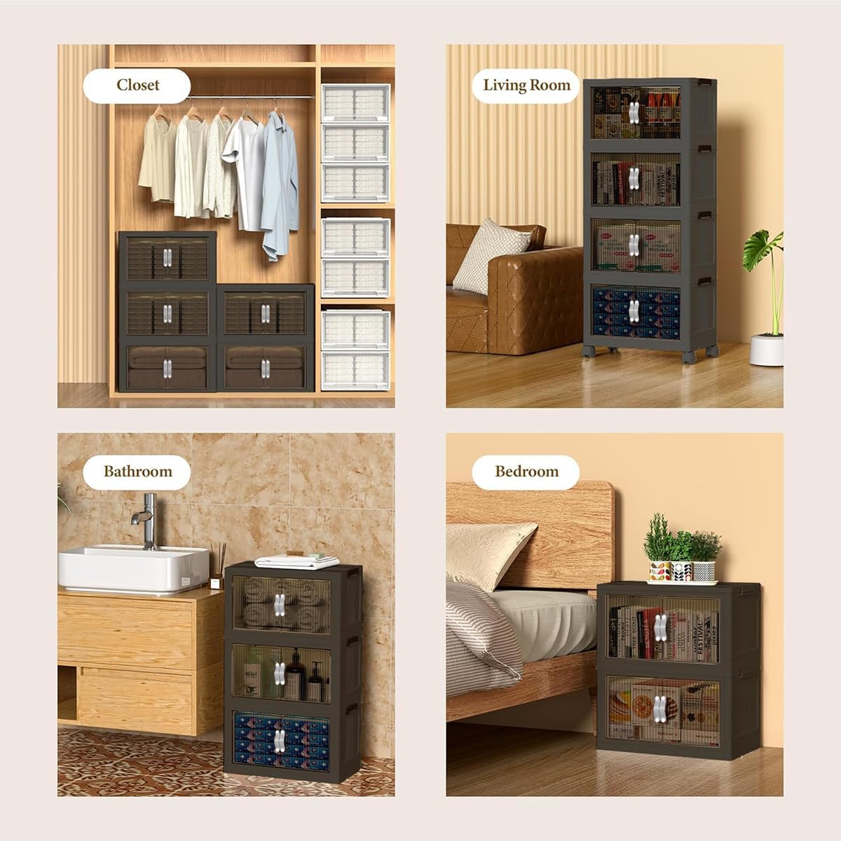 Stackable Storage Bins with Lids and Wheels for Home Organization-Large Foldable Containers Plastic Wheel Collapsible Storage Cabinet Boxes for Home, Pantry, Office (S, Gray 2-Tier)