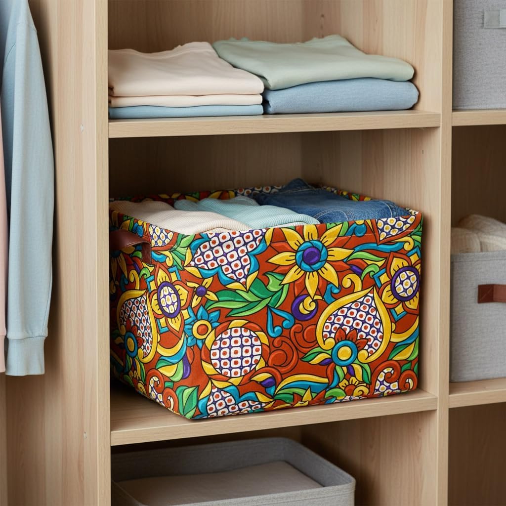 Mexican Talavera Storage Basket Waterproof Canvas Toy Storage Bin Mexican Decor Collapsible Outdoor Basket with Leather Handles Talavera Decor Blanket Baskets For Closets,Bedrooms,Gifts Baskets
