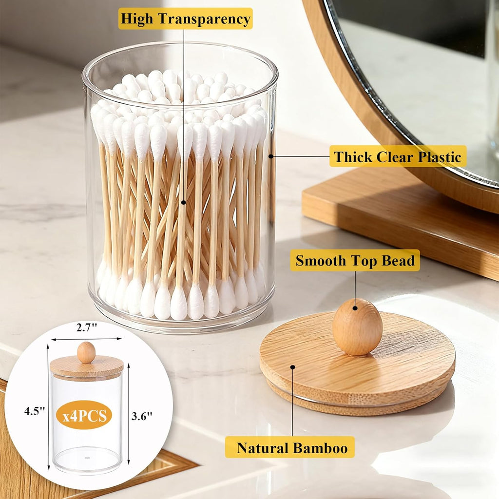 6 Pack Clear Stackable Storage Drawers & Qtip Holder Dispenser with Bamboo Lids, Clear Plastic Storage Containers for Bathroom, Vanity, Undersink, Kitchen Cabinets, Pantry, Home Organization