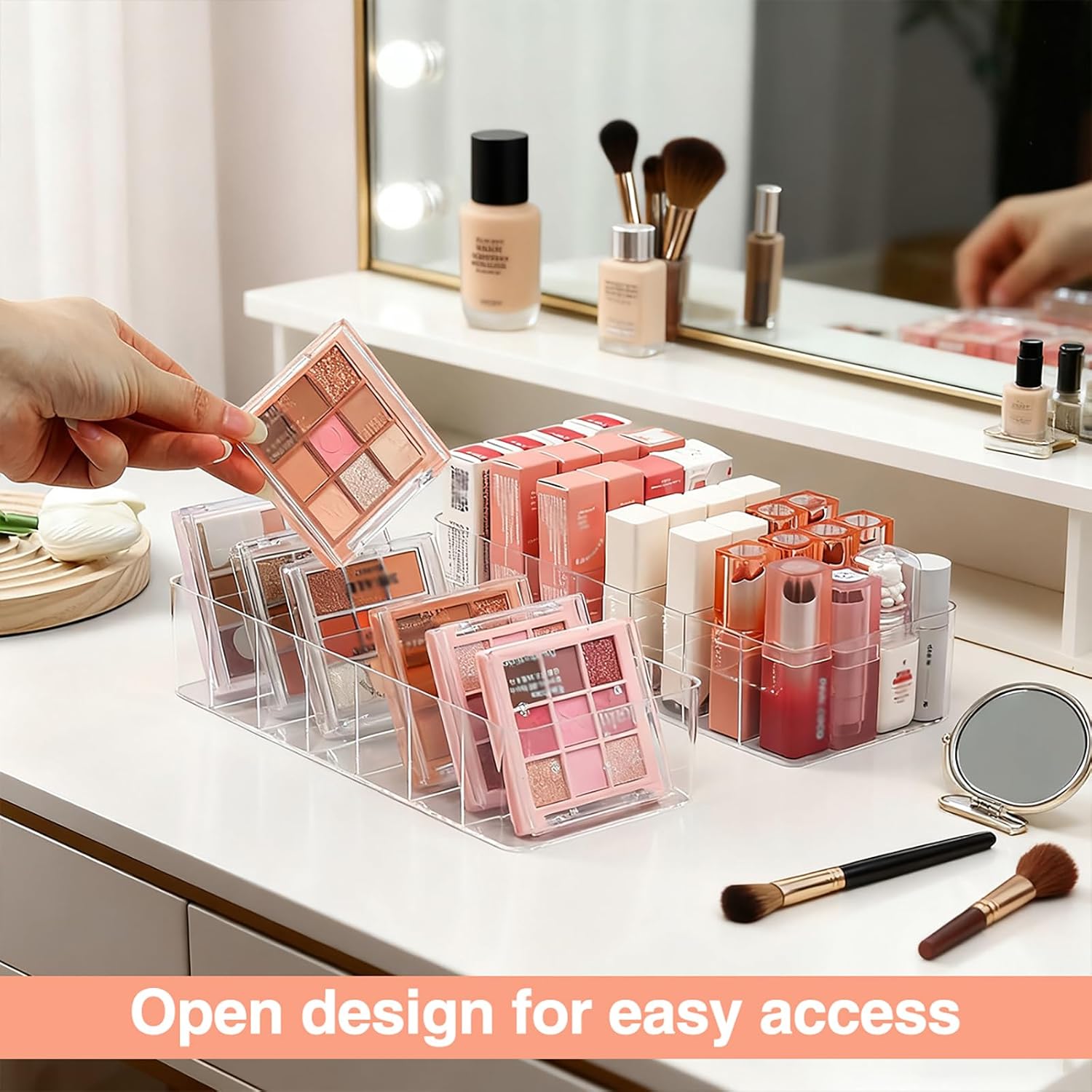 Clear Acrylic Makeup Organizers, 7-Section Bathroom Organizer for Drawer, Cosmetic Display Cases, Blushes Highlighters Eyeshadow Powder Makeup Organizer Holder Storage
