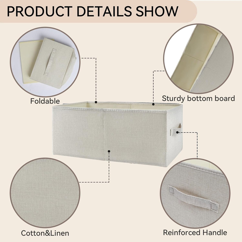 3 Pack Linen Storage Baskets with Handle,Large Foldable Closet Storage Bins for Shelves,Toys,Sheets,Clothes,18"×11"×8",Beige