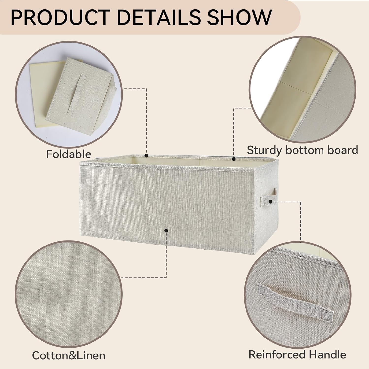 3 Pack Linen Storage Baskets with Handle,Large Foldable Closet Storage Bins for Shelves,Toys,Sheets,Clothes,18"×11"×8",Beige