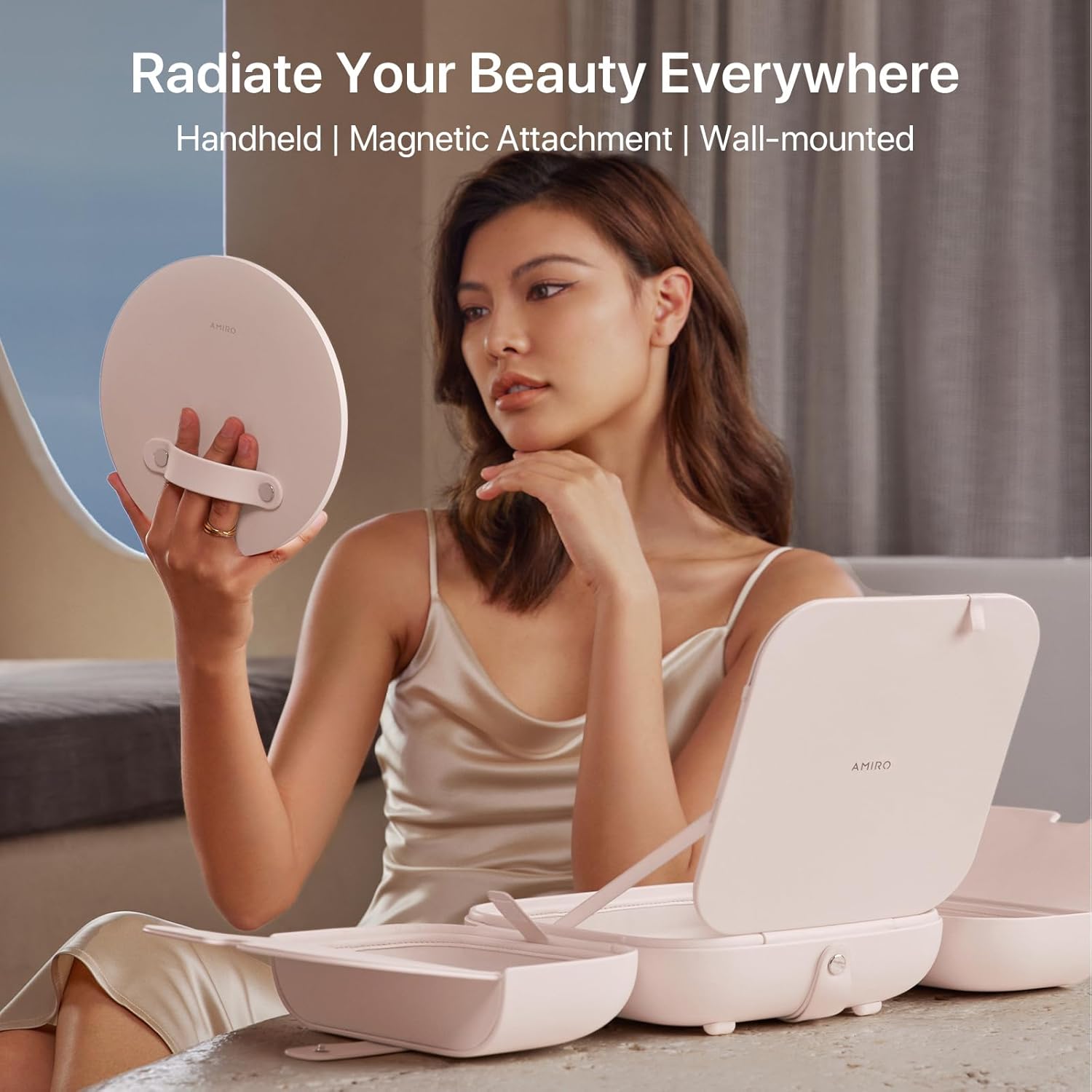 AMIRO M2 Cude Travel Makeup Bag with 5 Level Brightness & 3 Color LED Mirror, Portable Makeup Artist Organizer, Pink