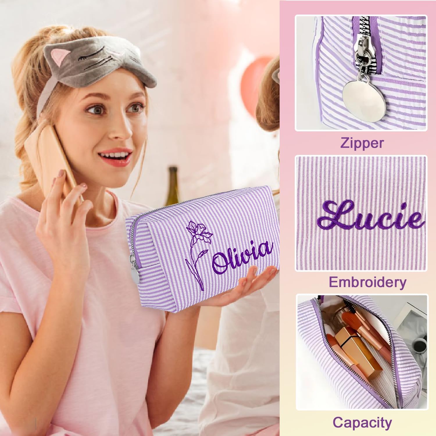 Personalized Seersucker Makeup Bag with Embroidered Name&Birth Flower,Custom Small Travel Cosmetic Bag Toiletry Bag Wedding Gifts for Bridesmaid Bride (Makeup Bag with Birth Flower)