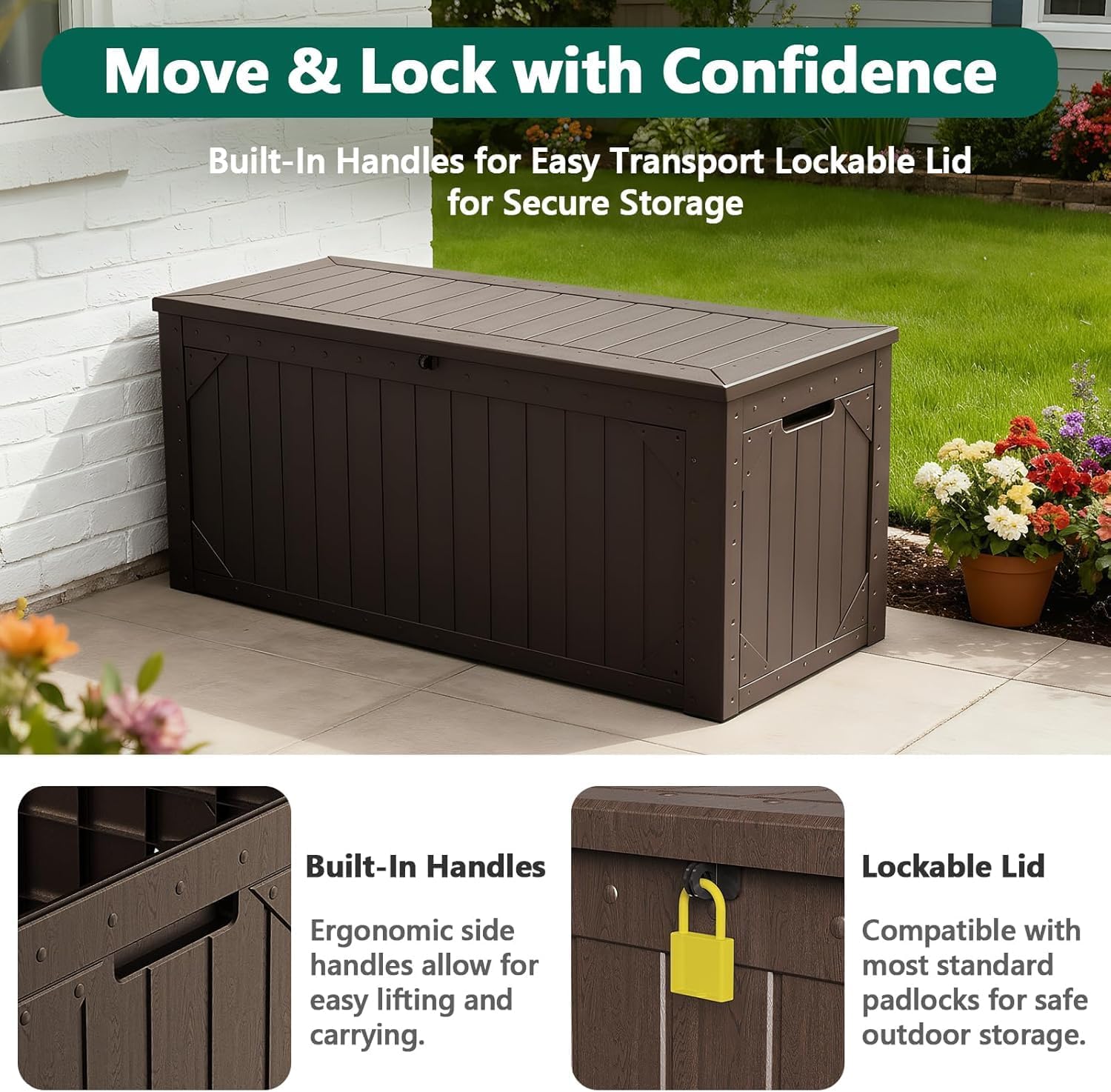 100 Gallon Outdoor Storage Box, Weatherproof Deck Box for Patio Cushions, Throw Pillows, Garden Tools, Lockable Resin Large Outdoor Storage Bench for Yard, Porch, or Balcony