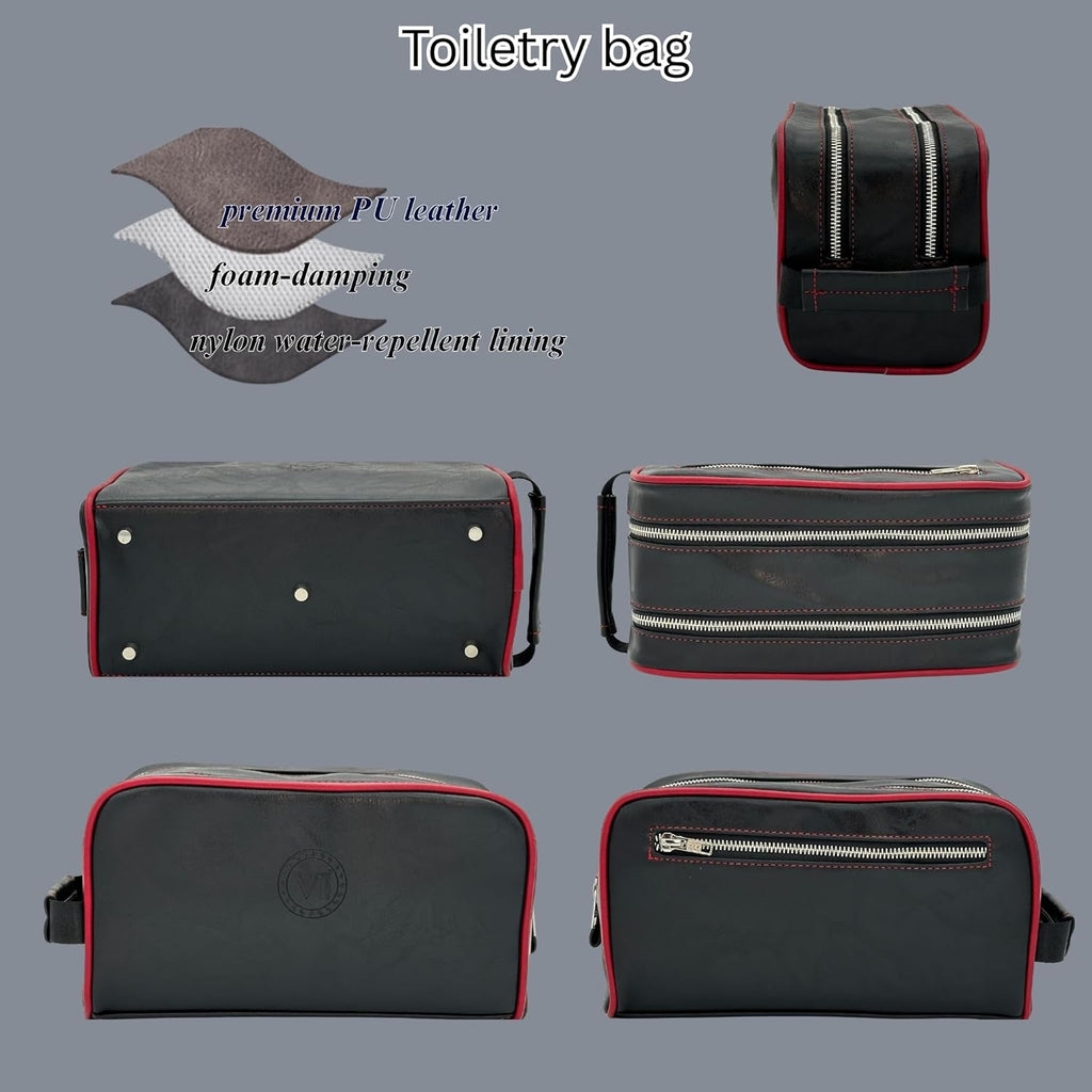 Dopp Gift Large Travel Toiletry Bag Premium Quality PU Leather Two compartments YKK Zippers Water-resistant Bottom Studs Mesh Pockets Durable Cosmetic Organizer BLACK/BURGUNDY