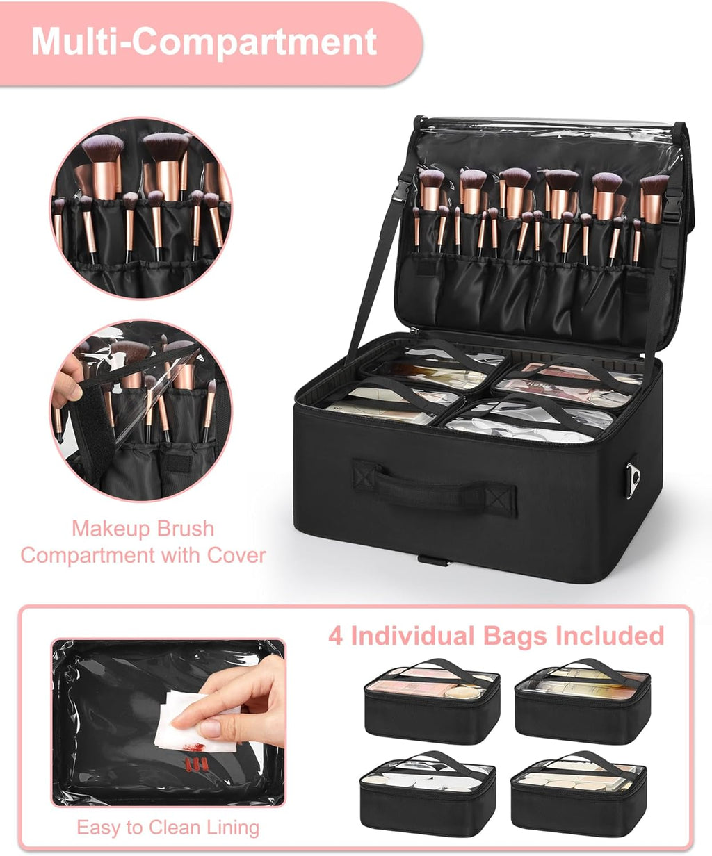 Relavel Extra Large Makeup Case and Clear Makeup Bag, Professional Cosmetic Storage Organizer Box Brush Holder with 4 Clear Set Bags & Lipstick Plate for Makeup Artists with Adjustable Dividers, Black