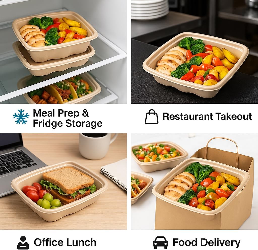 100 Pack 750ml Compostable Food Containers with Lids | Leak-Proof | Microwave & Freezer Safe | Eco-Friendly Meal Prep & Takeout Boxes