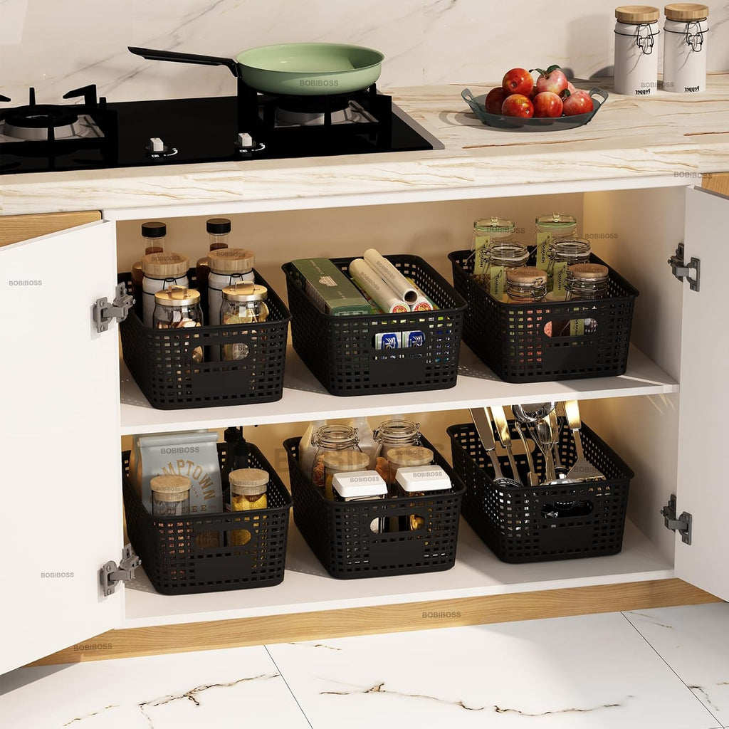 Black Plastic Storage Baskets with Lids 12 Pack Stackable Storage Bins Containers for Shelves Organizing, Cute Decorative Storage Boxes for Classroom, Playroom, Closet, Pantry