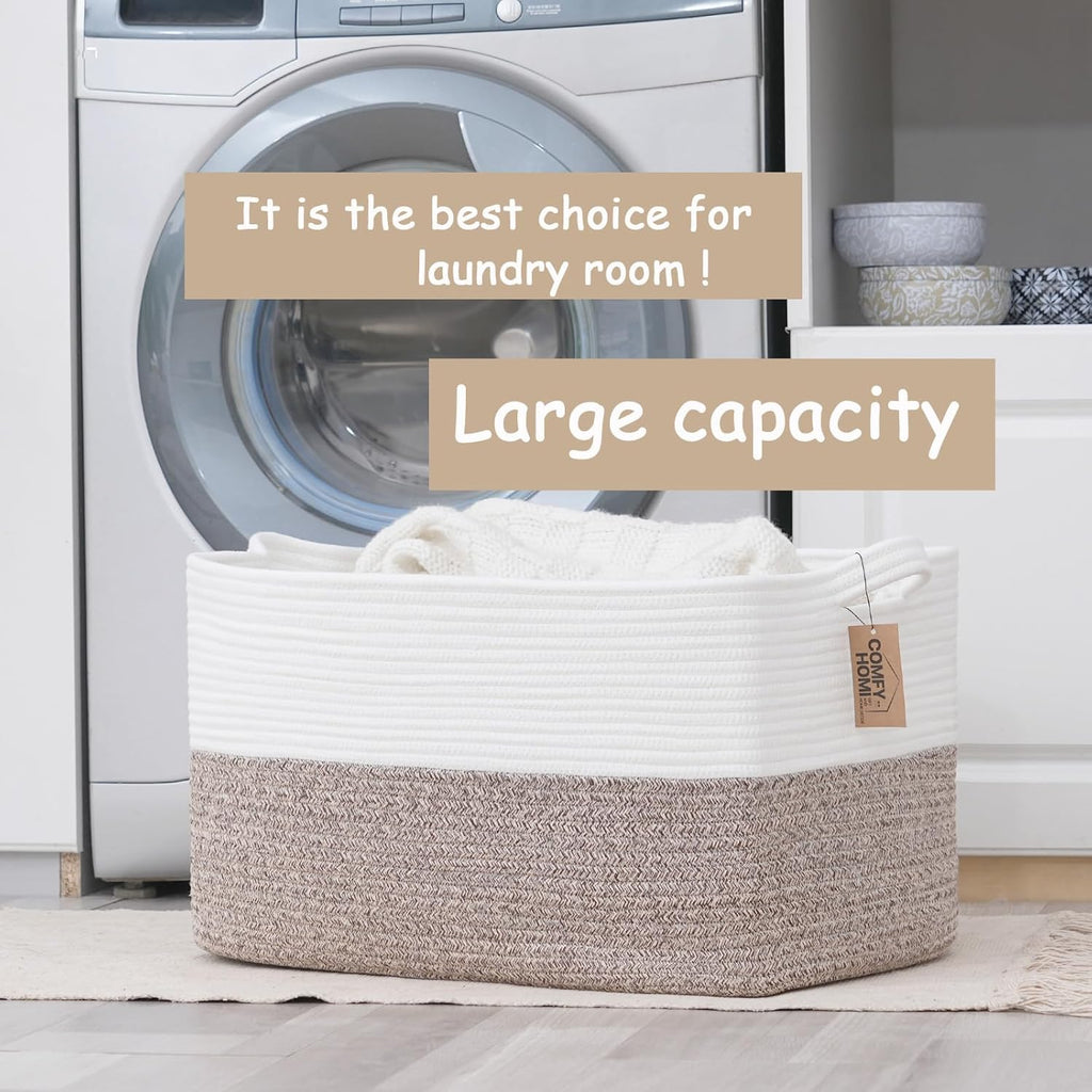 COMFY-HOMI Large Laundry for Organizing|Rectangle Cotton Rope Storage with Handles|Blanket for Living Room|Woven Laundry for Towels, Toys, Clothes-22x15x12”-White/Brown
