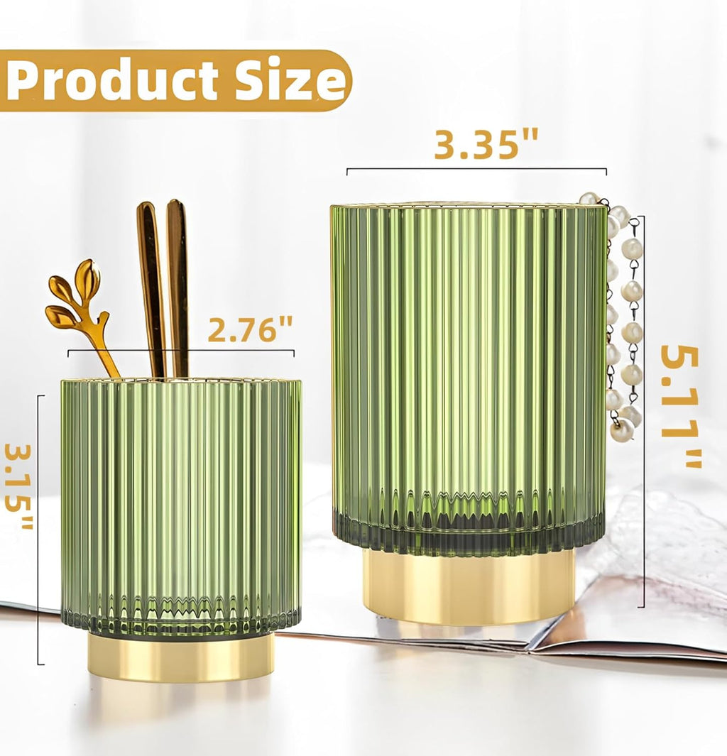 Makeup Brush Holder Organizer, Heavy Crystal Glass Brush Storage Holder, Vintage Cosmetic Make Up Bathroom Brushes Cup Pen Pencil Toothbrush Holder Striped Vase (S+L (green))