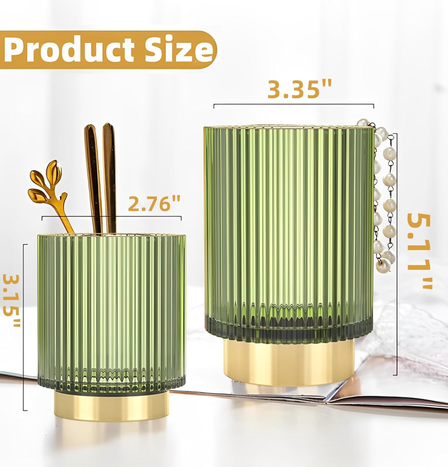Makeup Brush Holder Organizer, Heavy Crystal Glass Brush Storage Holder, Vintage Cosmetic Make Up Bathroom Brushes Cup Pen Pencil Toothbrush Holder Striped Vase (S+L (green))