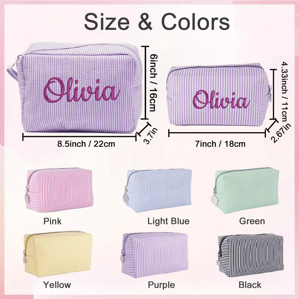 Personalized Seersucker Makeup Bag with Embroidered Name&Birth Flower,Custom Small Travel Cosmetic Bag Toiletry Bag Wedding Gifts for Bridesmaid Bride (Makeup Bag with Name)