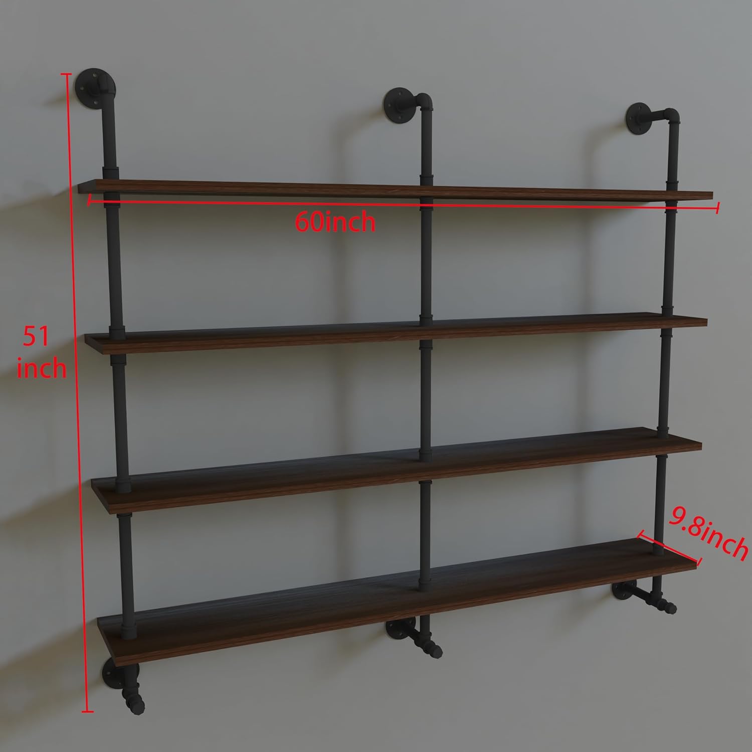 Industrial Pipe Wall Shelves Pipe Shelving with Real Wood Plank ,60 Inches Floating Shelves for Wall Farmhouse Pipe Book Shelves Dark Brown 4 Tier for Kitchen,Living Room Decor and Bar Shelving