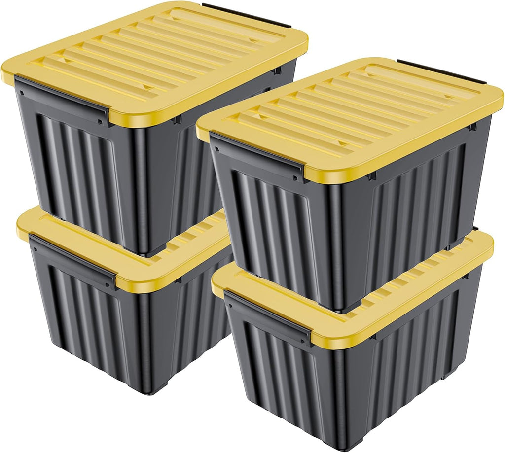 Nazhura 97 Quart Plastic Storage Bin, Stackable and Nestable Storage Boxes with Yellow Lids and Secure Latching Buckles, Large Storage Container (Black/Yellow, 97Quart-4Pack)