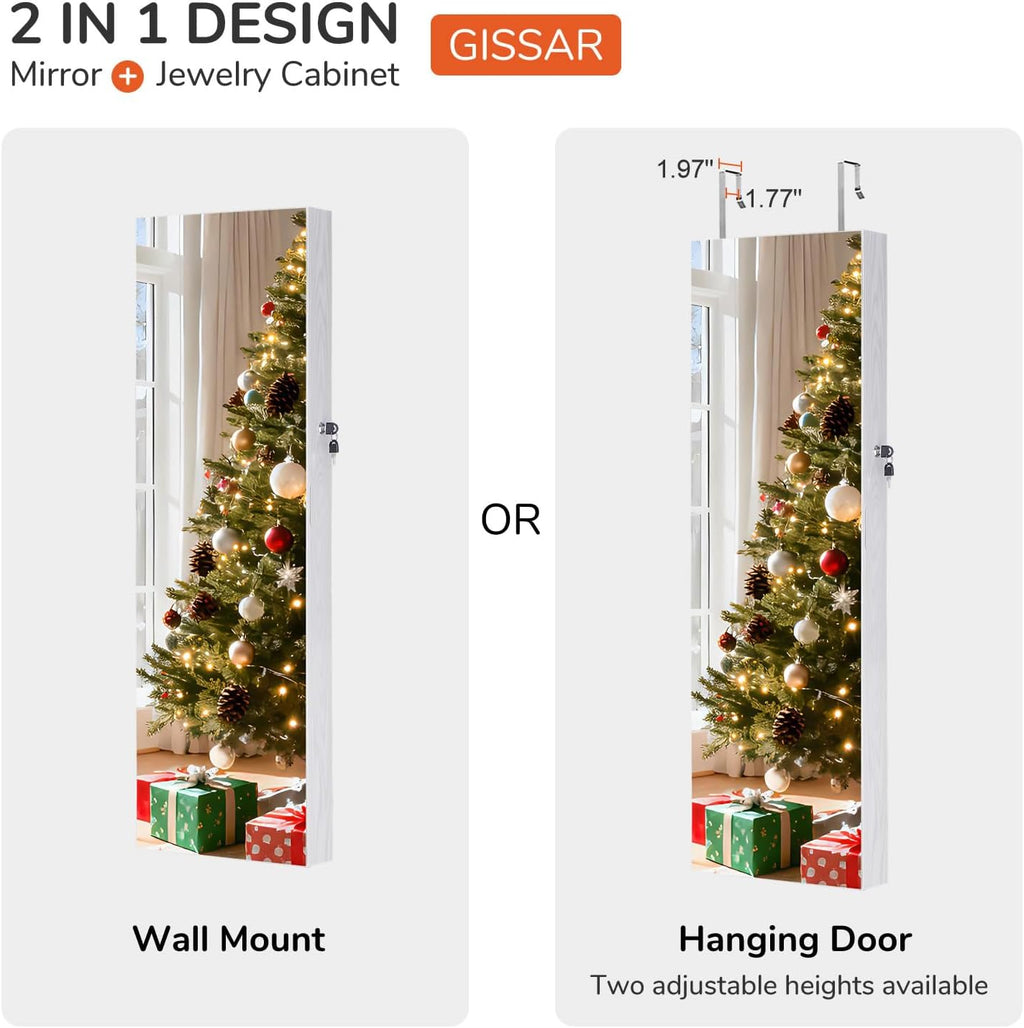 GISSAR Full Length Mirror Jewelry Cabinet, 6 LEDs Jewelry Armoire Wall Mounted Over The Door Hanging, Jewelry Organizer Storage with Lights Lockable White