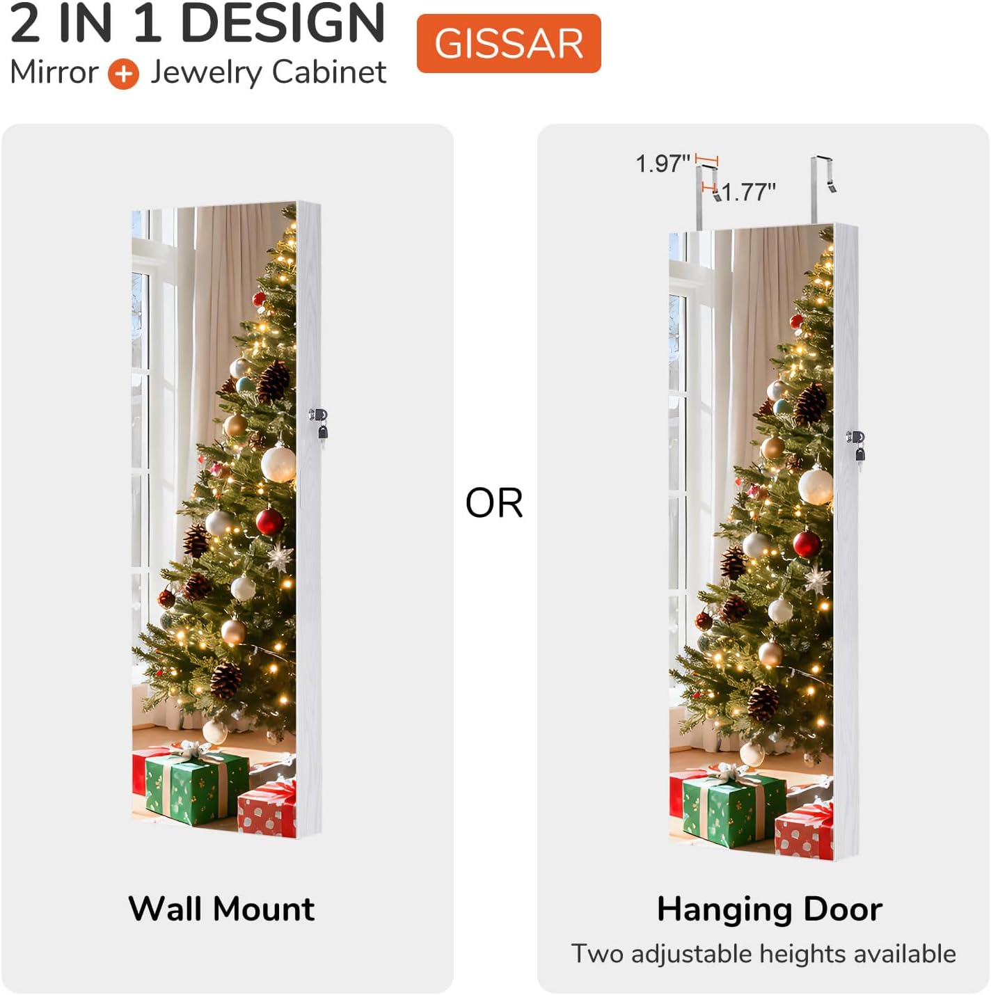 GISSAR Full Length Mirror Jewelry Cabinet, 6 LEDs Jewelry Armoire Wall Mounted Over The Door Hanging, Jewelry Organizer Storage with Lights Lockable White