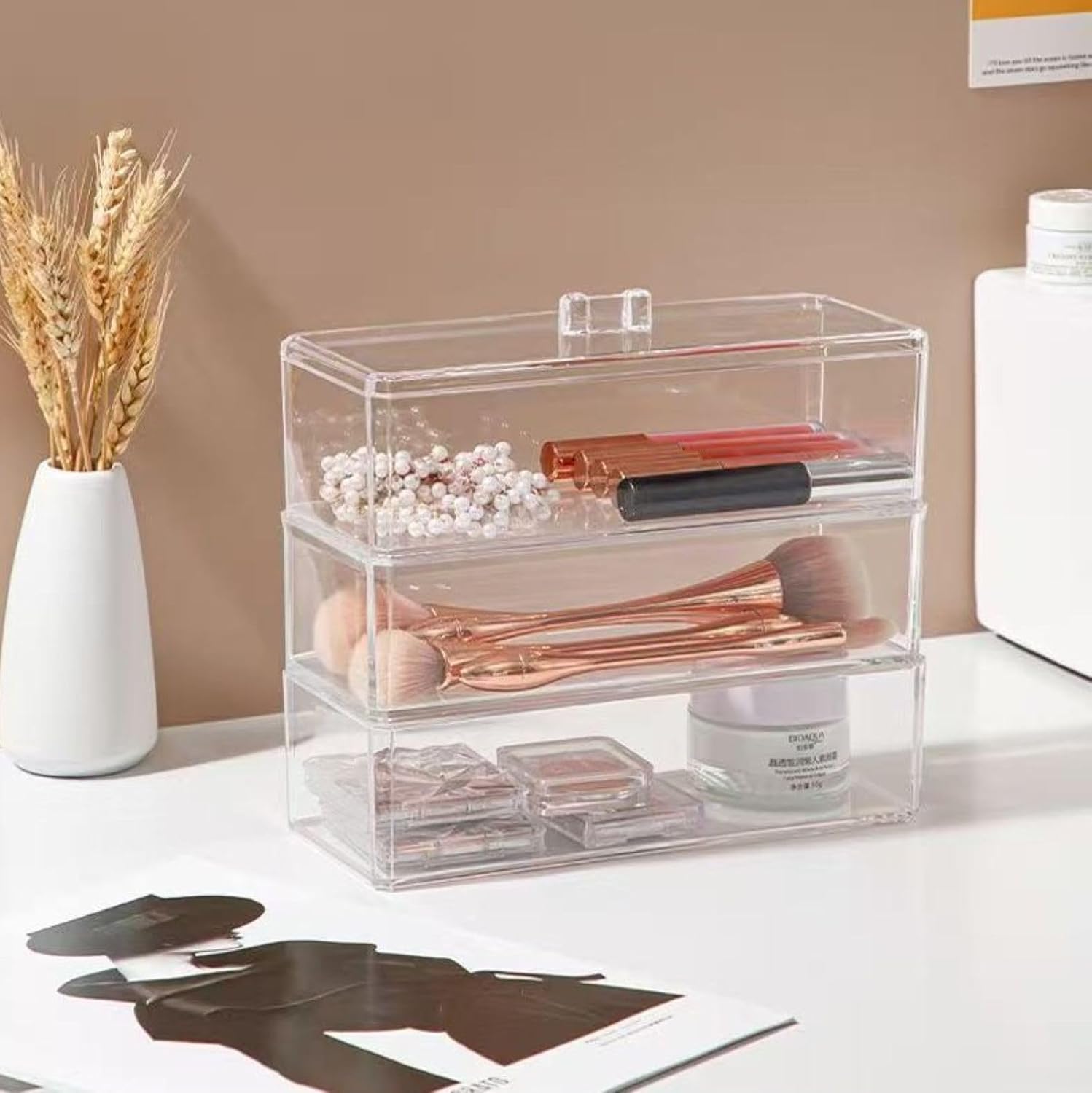 Hair Accessories Organizer for Girls, Clear Acrylic Hair Tie Organizer for Headband, bows, Hair Clip, Cotton Swab Organization, Hair Clip Holder, 3 Compartments Storage with Lid