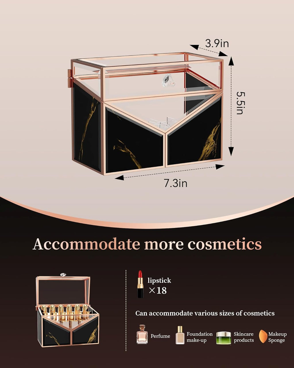Lipstick Organizer - Black Glass Lipstick Holder & Nail Polish Organizer, 18-Slot Vanity Cosmetic Organizer with Removable Dividers,