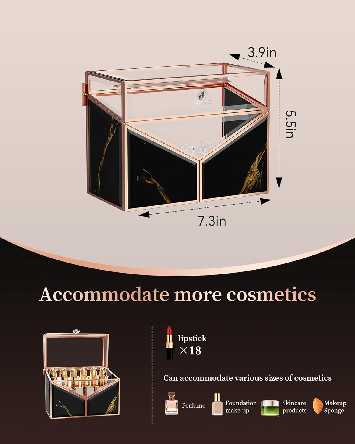 Lipstick Organizer - Black Glass Lipstick Holder & Nail Polish Organizer, 18-Slot Vanity Cosmetic Organizer with Removable Dividers,