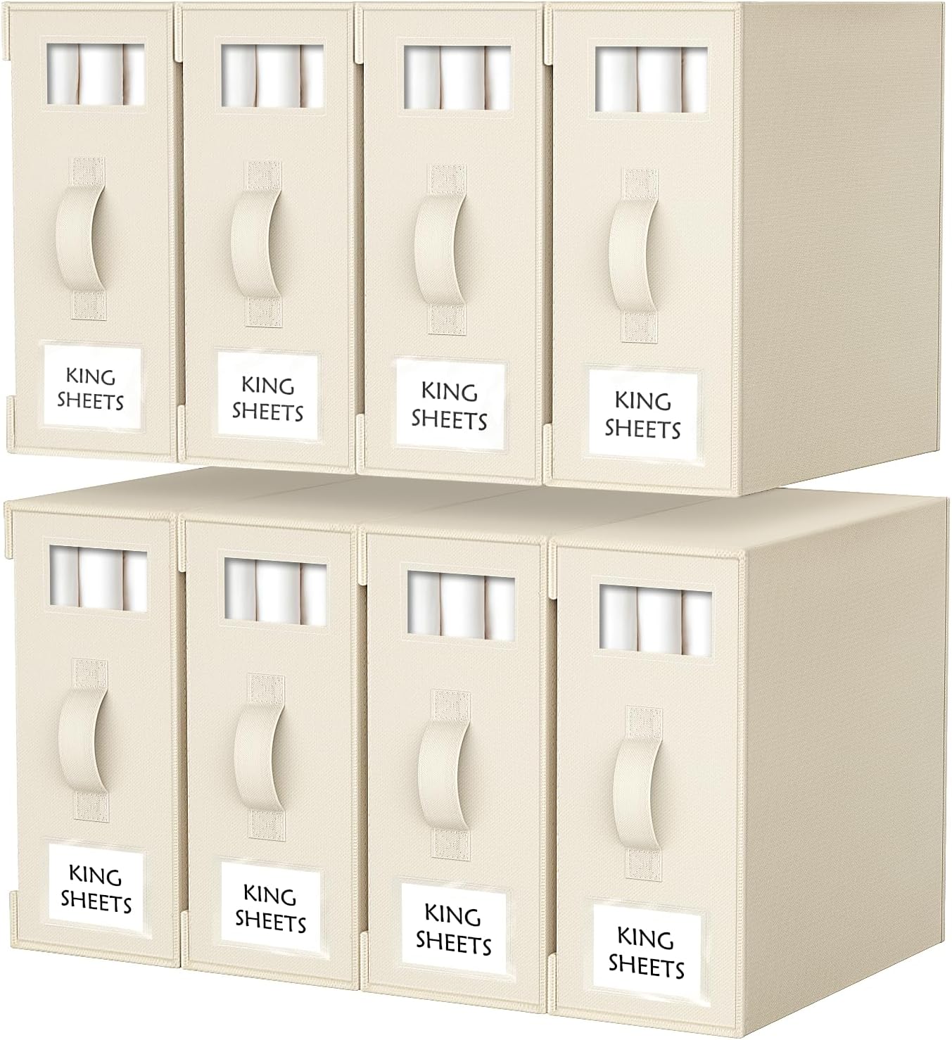 Criusia Bed Sheet Organizers and Storage, 8 Pack Foldable Linen Closet Organizer Box – Bedding Holder for Sheet Set (King/Queen Sizes), Duvet Covers, Blankets (Beige)