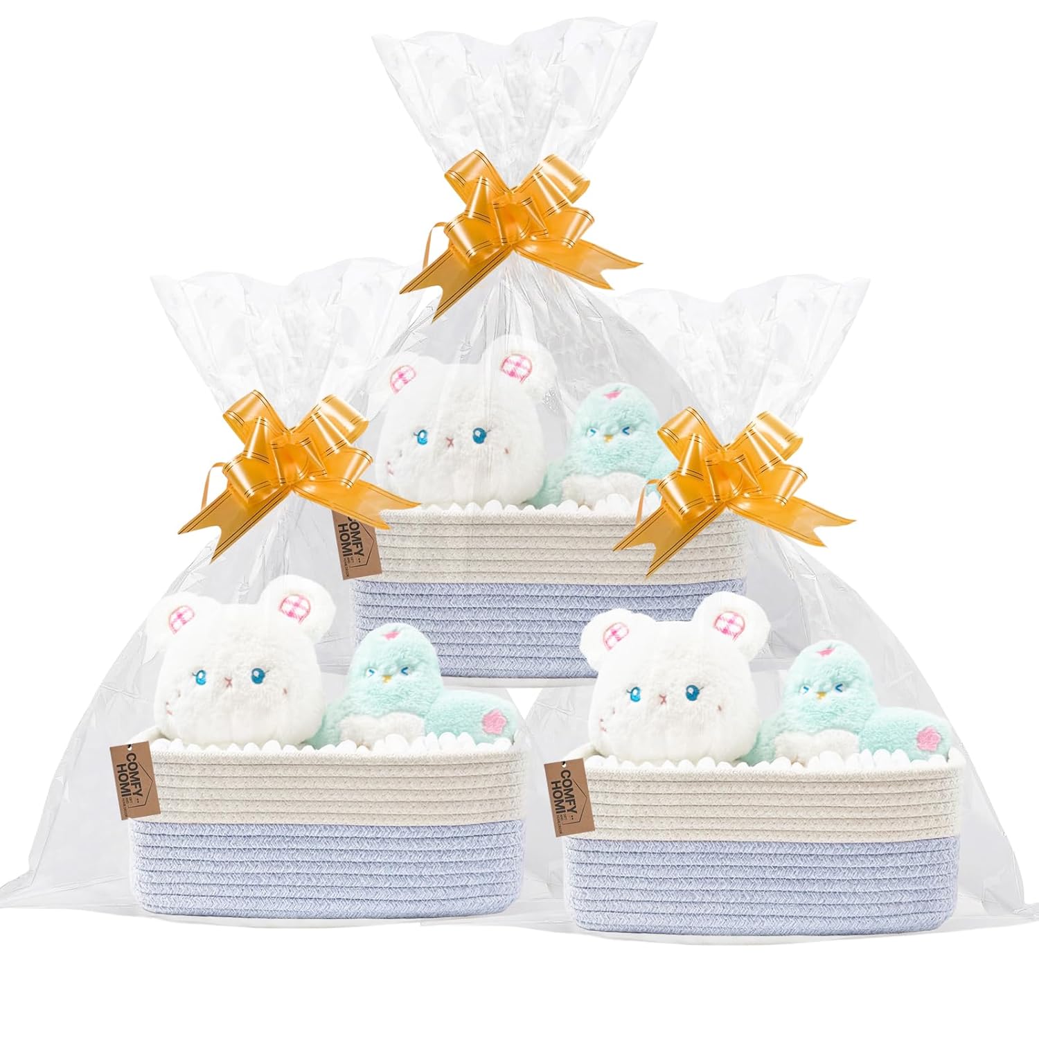 COMFY-HOMI 11.5"x7.5"x4.7" Storage Baskets for Organizing | Cotton Rope Woven Basket | Toy Storage Bin Box | Basket for Shelves, Closet Organizer Bin, Decorative Closet Shelf, 3 Pack, white/bule