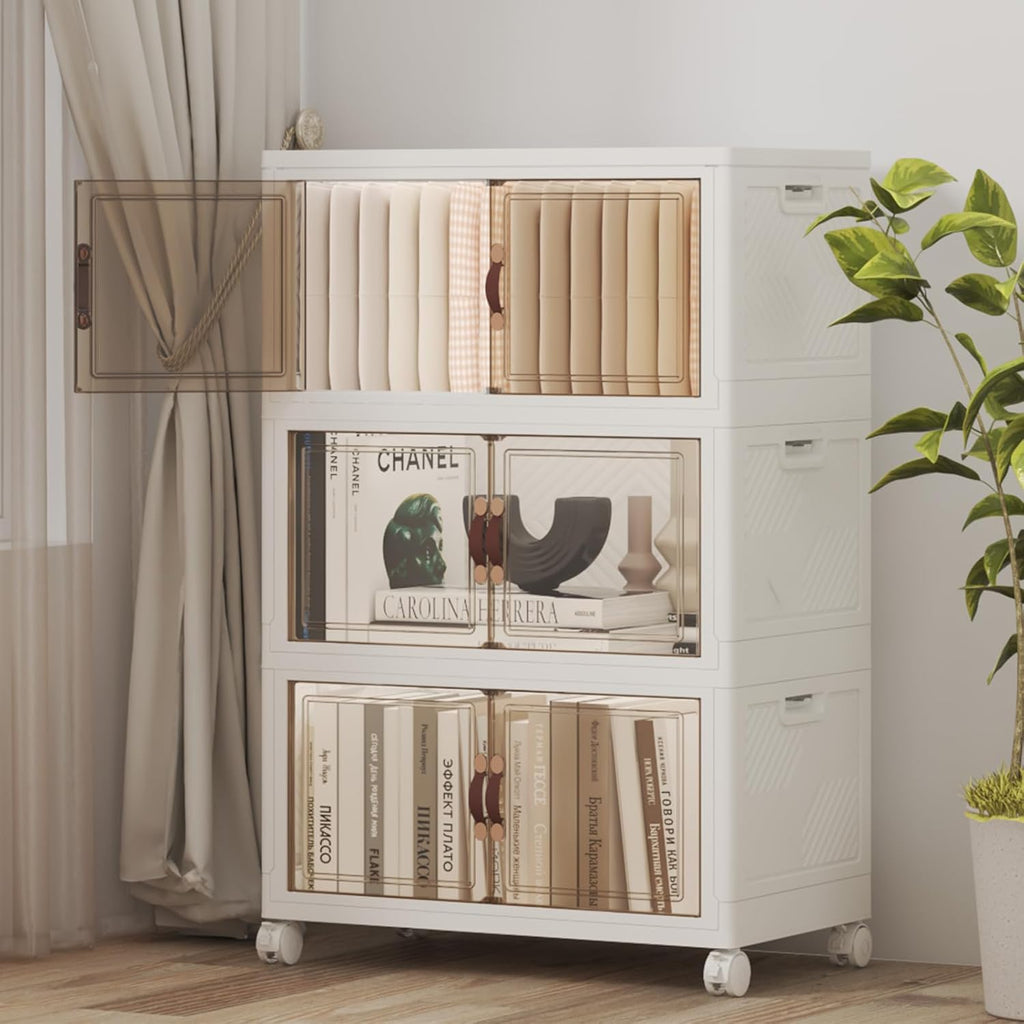 Extra Large Stackable Storage Bins with Lids & Wheels, Foldable Collapsible Closet Organizers Storage Cabinet with Doors for Bedroom Dorm (White, 165QT-55QT/14GAL*3Pack)