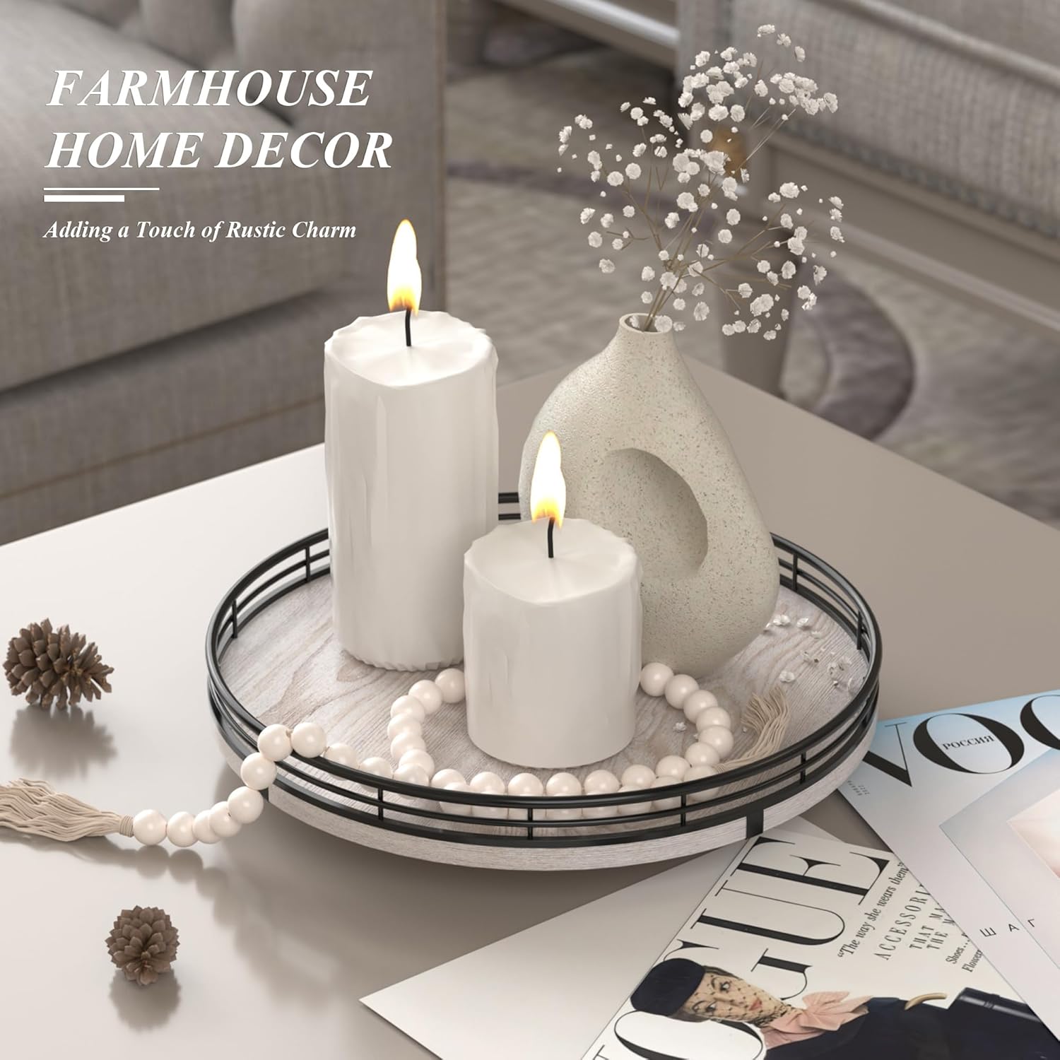 10" Oak Bathroom Vanity Tray Turntable for Perfume Candle, Round Wooden Decorative Tray for Kitchen Sink Countertop Organizer, Bathroom Counter Organizer for Skincare Makeup, Rustic Whitewased