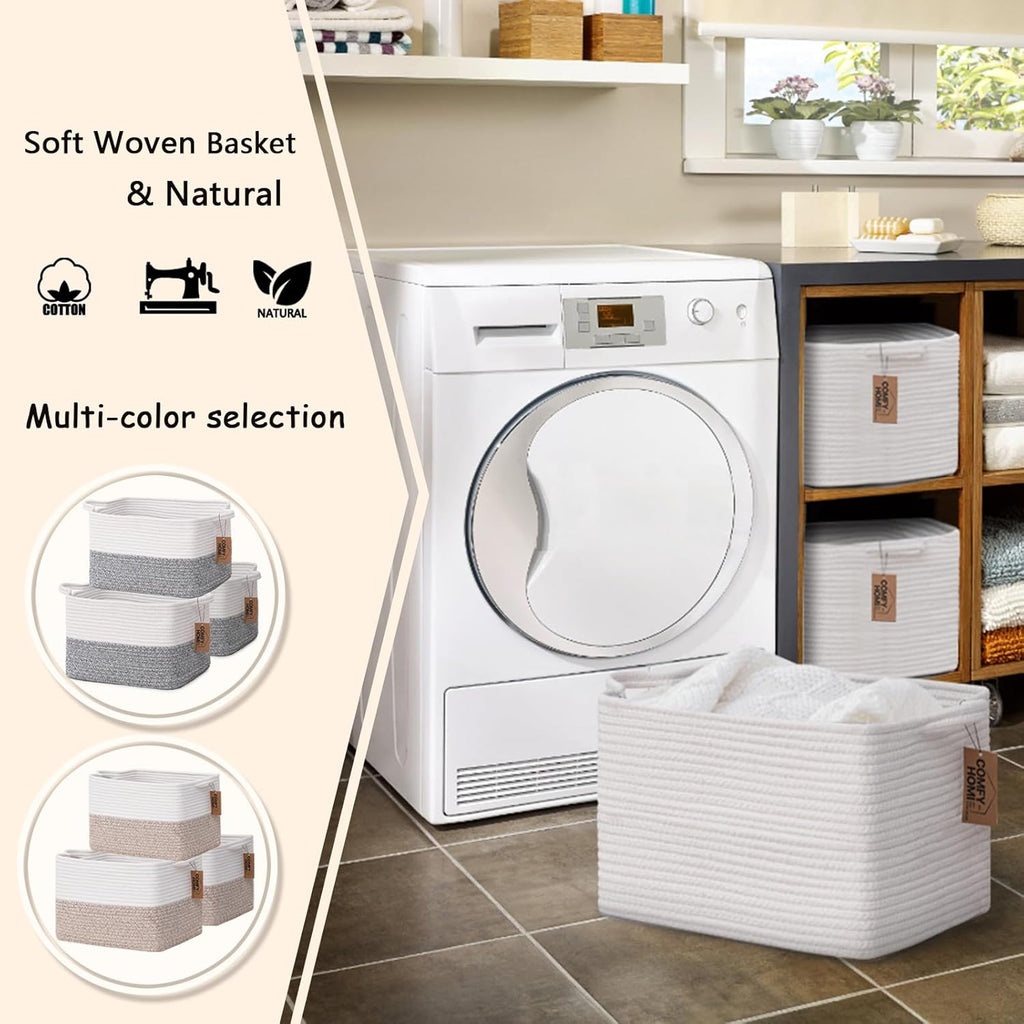 COMFY-HOMI 3PACK Cotton Rope Rectangular Storage Baskets for Living Room, Baby Room, Office (All White, 13.5" x 11" x 9.5")