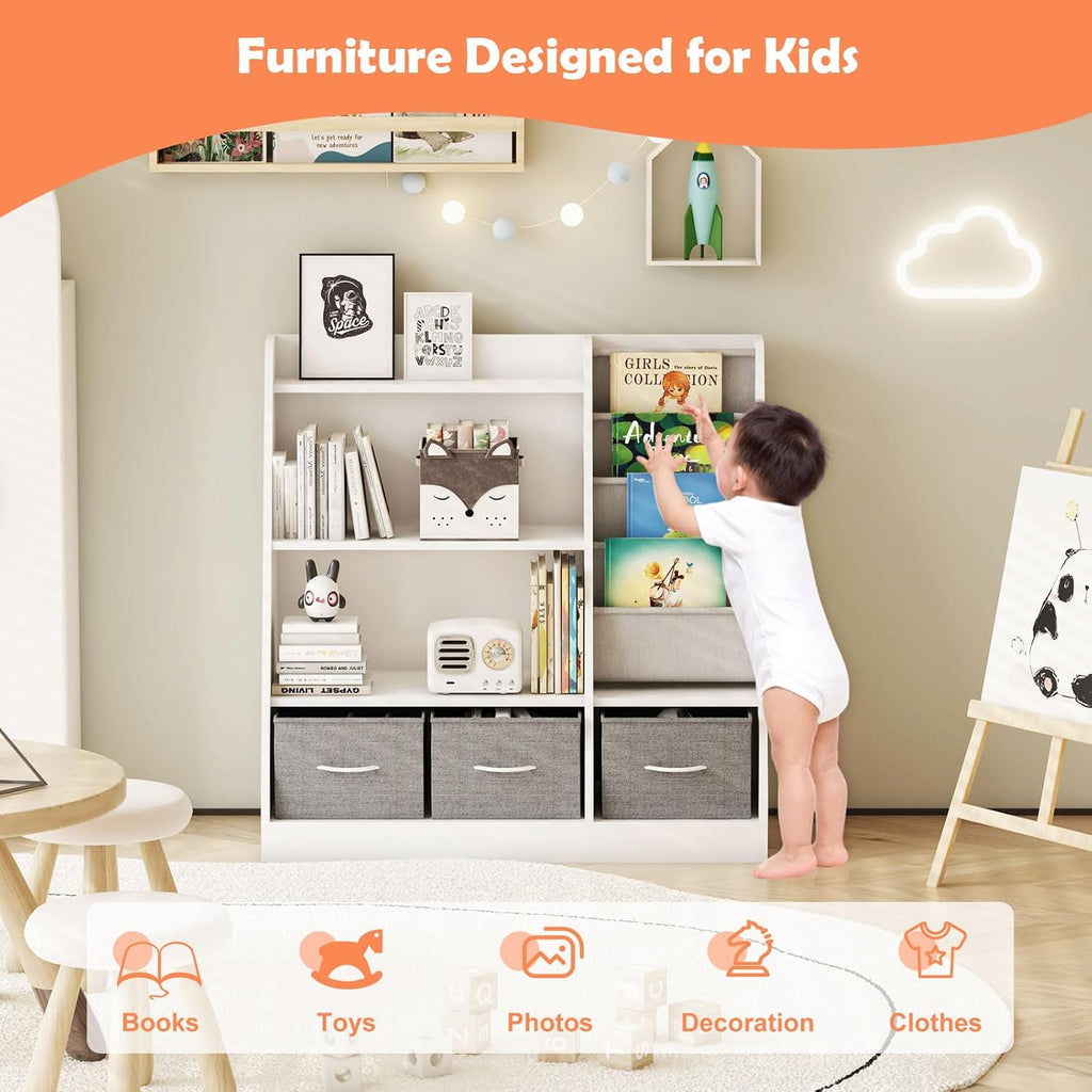 White Kids Bookshelf Wood Toy Storage Organizer Cabinet Children Bookcase Toddler Baby Sling Book Rack 3 Cube Bins Fabric Drawers for Playroom Bedroom Nursery School