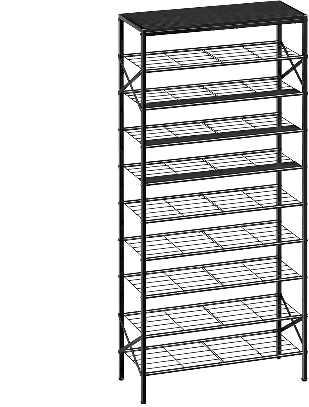 10-Tier Tall Shoe Rack Organizer Shoe Storage for Entryway 30-40 Pairs Metal Shoe Rack for Closet Heavy-Duty Shoe Rack with Wooden Top Shelf for Garage Black