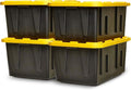 HOMZ 4-Pack Durabilt Tote, Heavy Duty Plastic Storage Bins with Lids, 27 Gallon, Black/Yellow - Stackable Organizing Containers for Home, Garage, and Shed