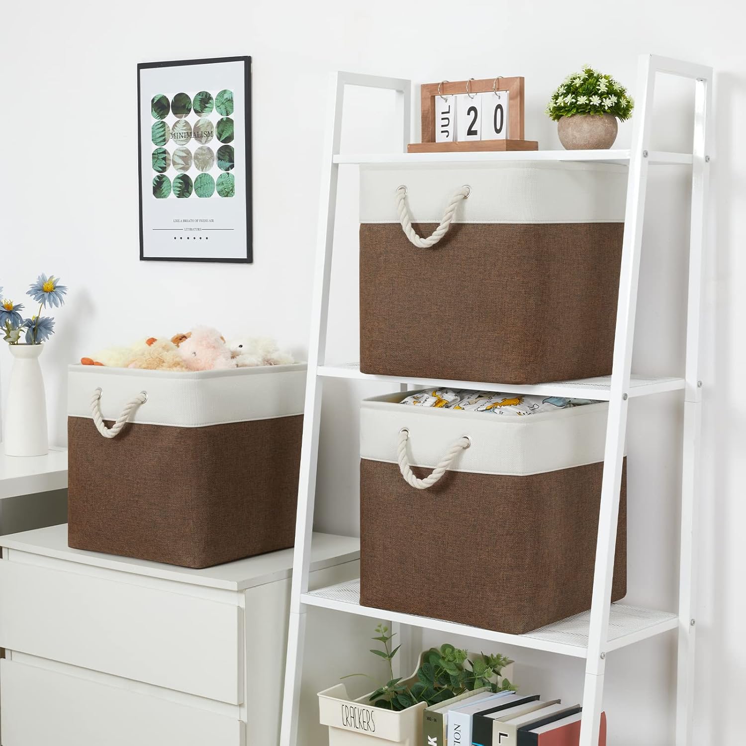 Bidtakay Collapsible Rustic Cube Storage - Brown Cloth Baskets with Handles, 13x13x13 Inch, Set of 3 Fabric Storage Bins