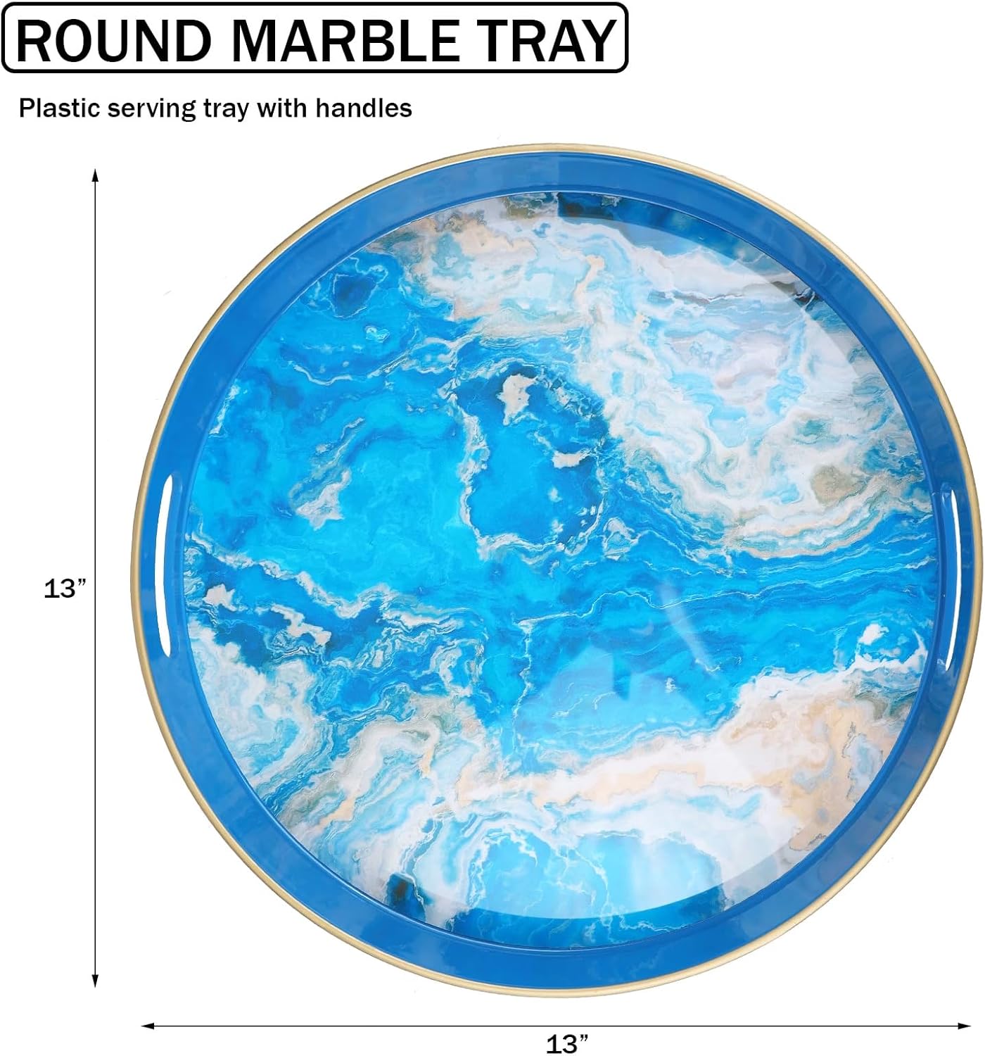 Spsyrine Round Marble Decorative Tray, 13" Plastic Serving Tray with Handles for Breakfast, Ottoman, Coffee Table, Bathroom, Kitchen, Living Room