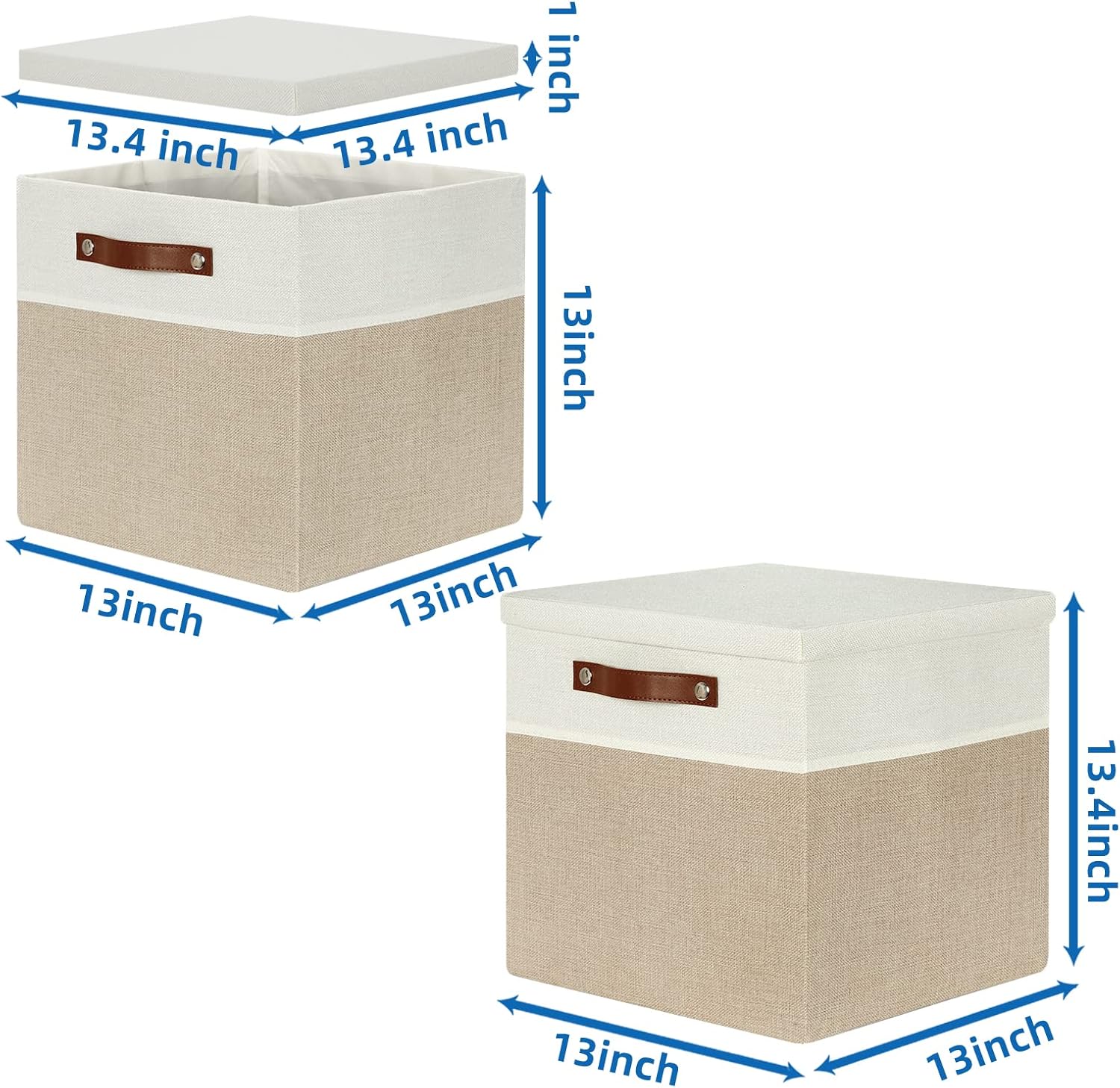 Temary Fabric Storage Bins with Lids 13 Inch Storage Cubes with Lid, Decorative Foldable Storage Boxes for Clothes, Closet Organizers (White&Khaki, 13x13x13inch)