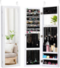 HAPPYGRILL Wall Mounted Jewelry Cabinet with Full Length Mirror, Over The Door Jewelry Organizer w/Built-in Makeup Mirror, Storage Shelves, Door Mounted Jewelry Armoire for Women, Girls(White)