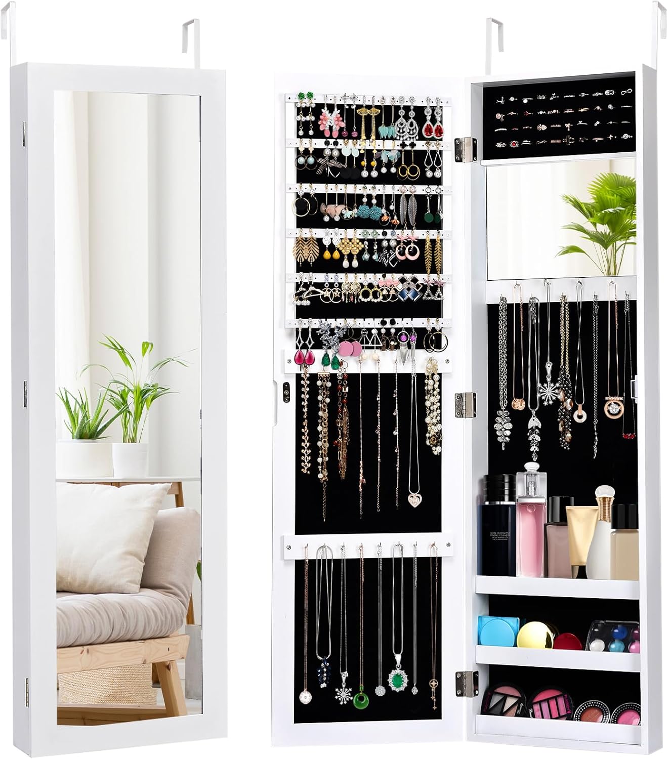 HAPPYGRILL Wall Mounted Jewelry Cabinet with Full Length Mirror, Over The Door Jewelry Organizer w/Built-in Makeup Mirror, Storage Shelves, Door Mounted Jewelry Armoire for Women, Girls(White)