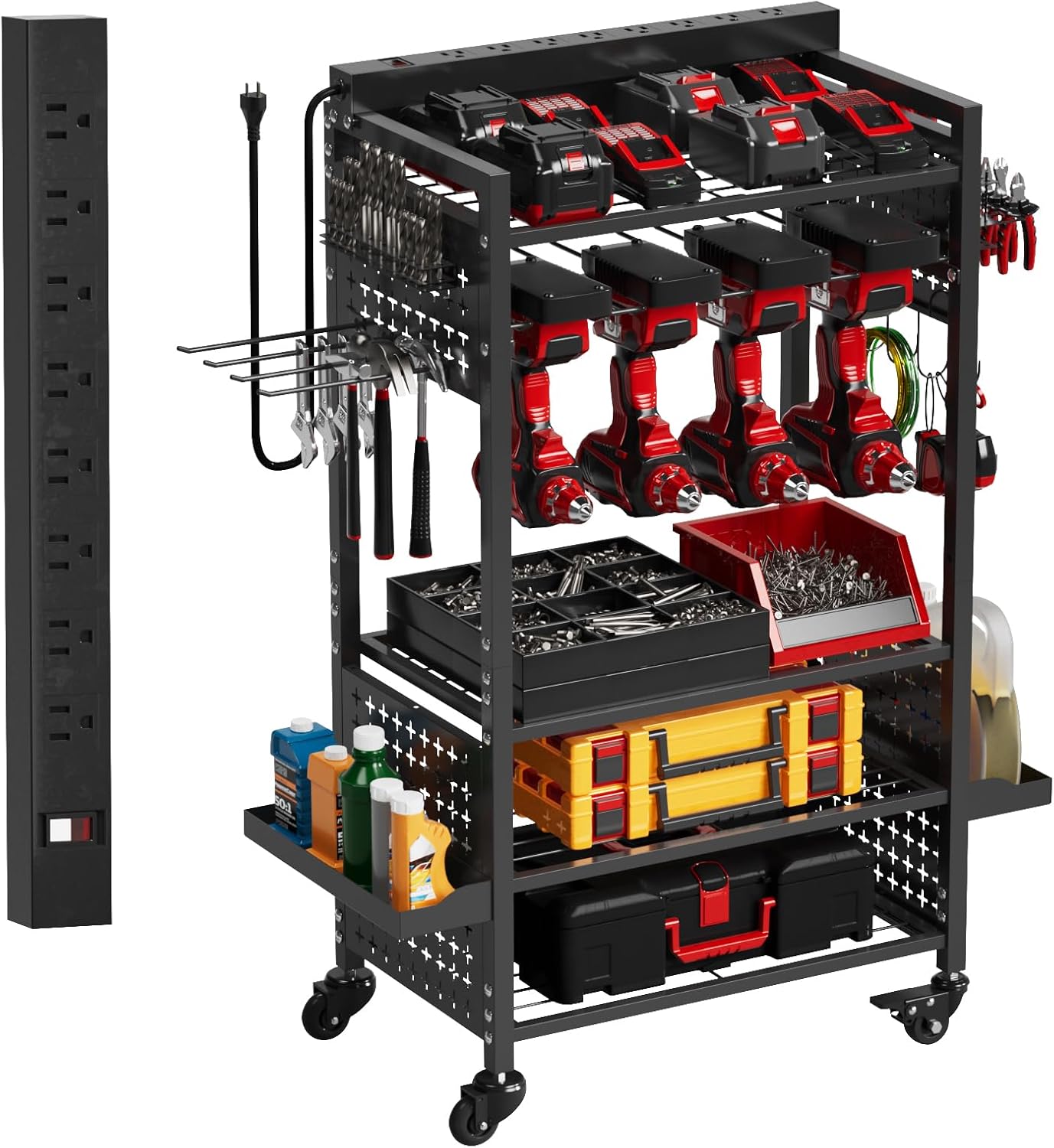 Power Tool Organizer Cart with 8 Charger Ports & Adjustable Storage, Garage Workshop Utility Cart for Mechanic, Birthday Gift Ideas for Men