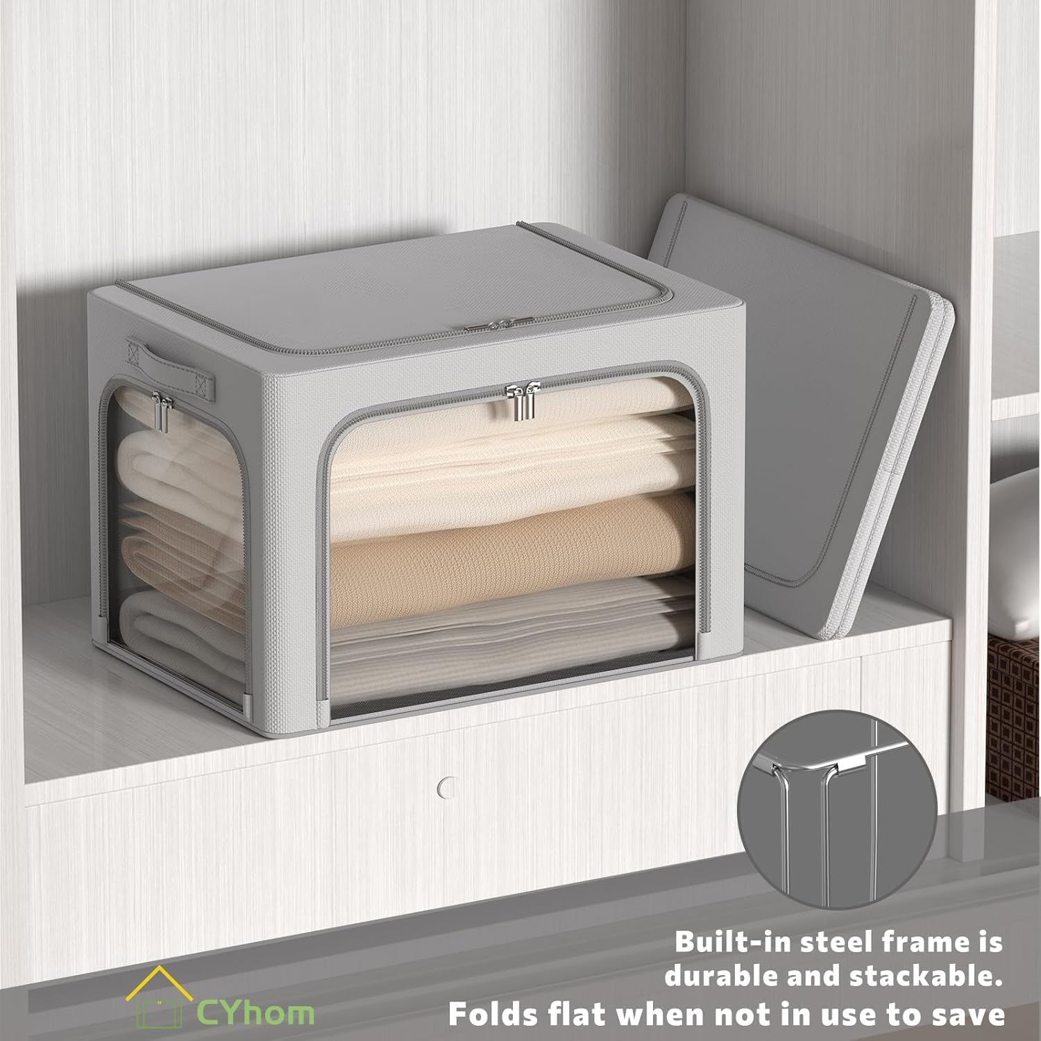 CYhom 3Pack Clothes Storage Bins - Oxford Frame Storage Box Foldable Stackable Storage Organizer with 3 Openings Design, Metal Frame, Clear Window, Carry Handles (36L-15.7 * 11.8 * 11.8in, Grey)