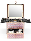 Qislee Makeup Box with Drawer and A Detachable Lighted Mirror, Waterproof Travel Train Case, Cosmetic Organizer and Makeup Suitcase with Adjustable Dividers, Magnetic LED Mirror (Sparkling Pink)