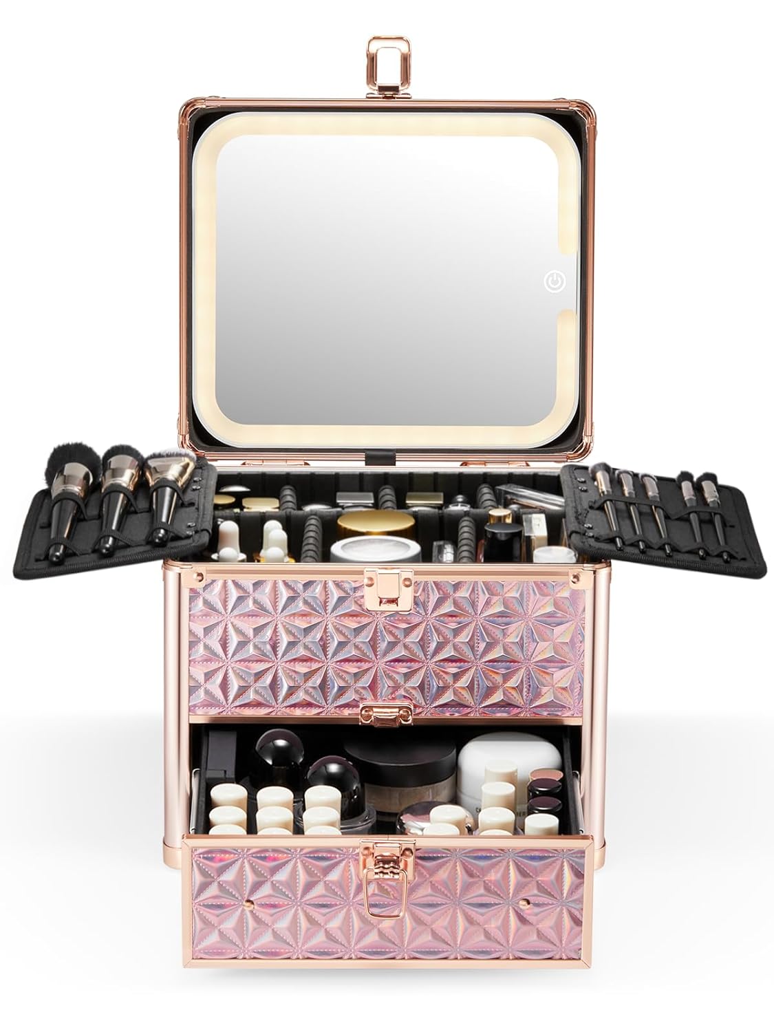 Qislee Makeup Box with Drawer and A Detachable Lighted Mirror, Waterproof Travel Train Case, Cosmetic Organizer and Makeup Suitcase with Adjustable Dividers, Magnetic LED Mirror (Sparkling Pink)