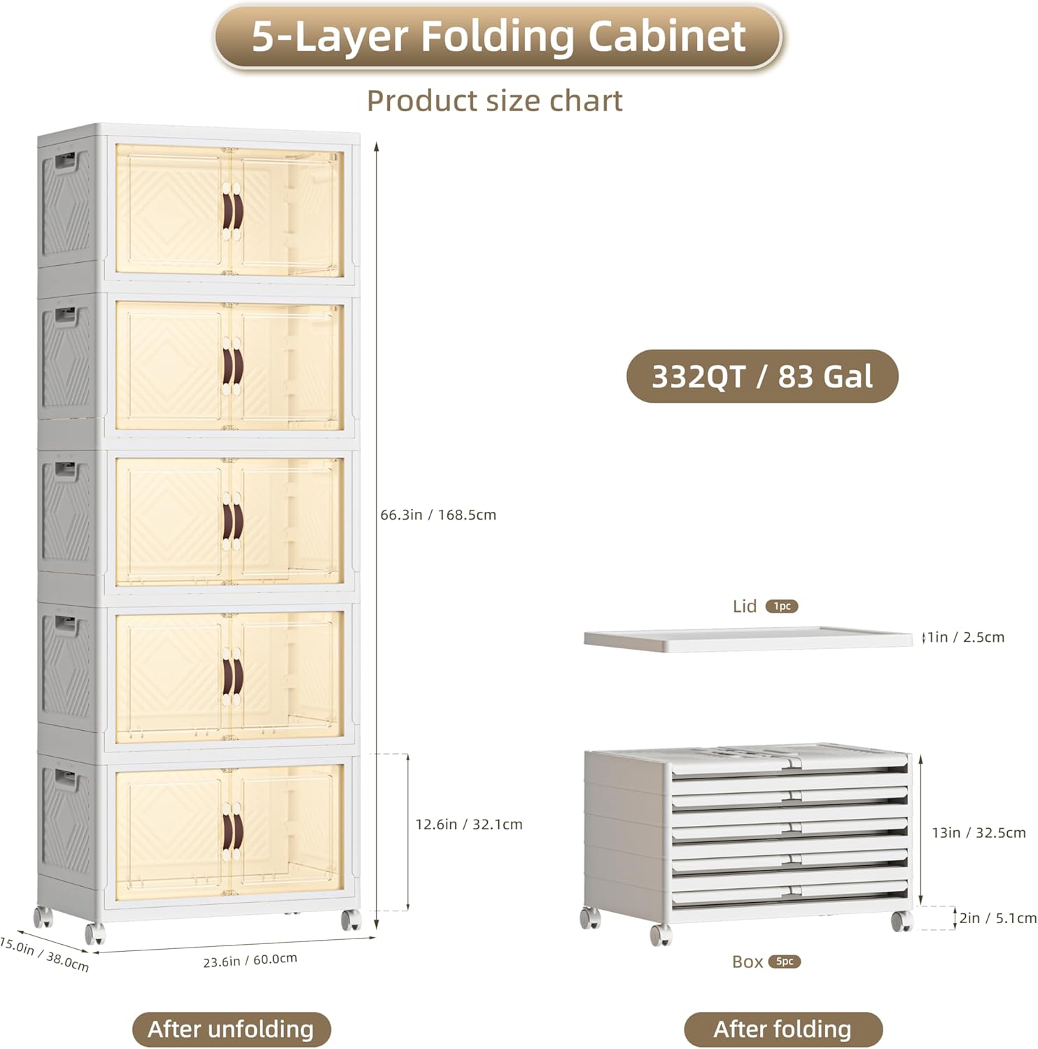 332 QT / 83 Gal White Storage Bins with 1 Lid - Collapsible Stackable Cabinet Organizer w/Wheels & Magnetic Doors, Plastic Storage Box for Office Closet Organization