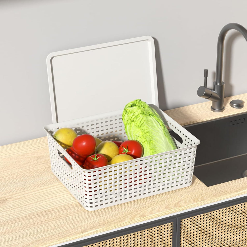 6 Pack Stackable Lidded Storage Baskets, Plastic Woven Baskets for Organizing, White