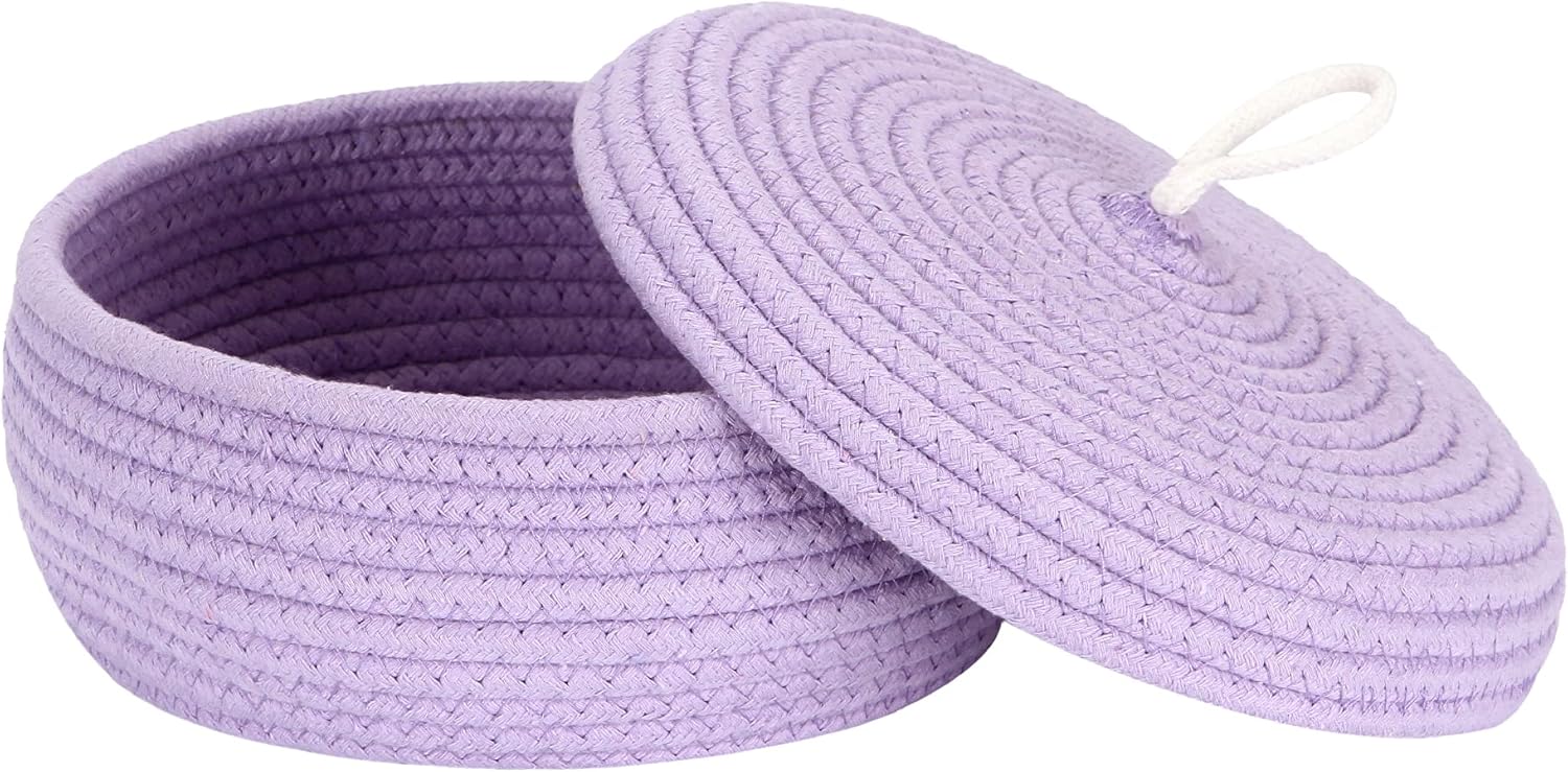 Sea Team Round Cotton Rope Storage Basket with Lid, Decorative Woven Storage Bin, Pot, Caddy, Organizer, Container for Snacks, Towels, Plants, 10 x 4.5 Inches (Small, Shallow, Lavender)