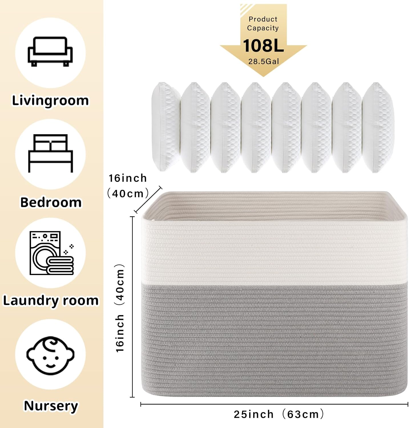 OIAHOMY 108L Extra Large Blanket Basket, 25”x16”x16” Laundry Basket, Blanket Storage for Living Room, Dog Toy Storage with Handle - Grey & White