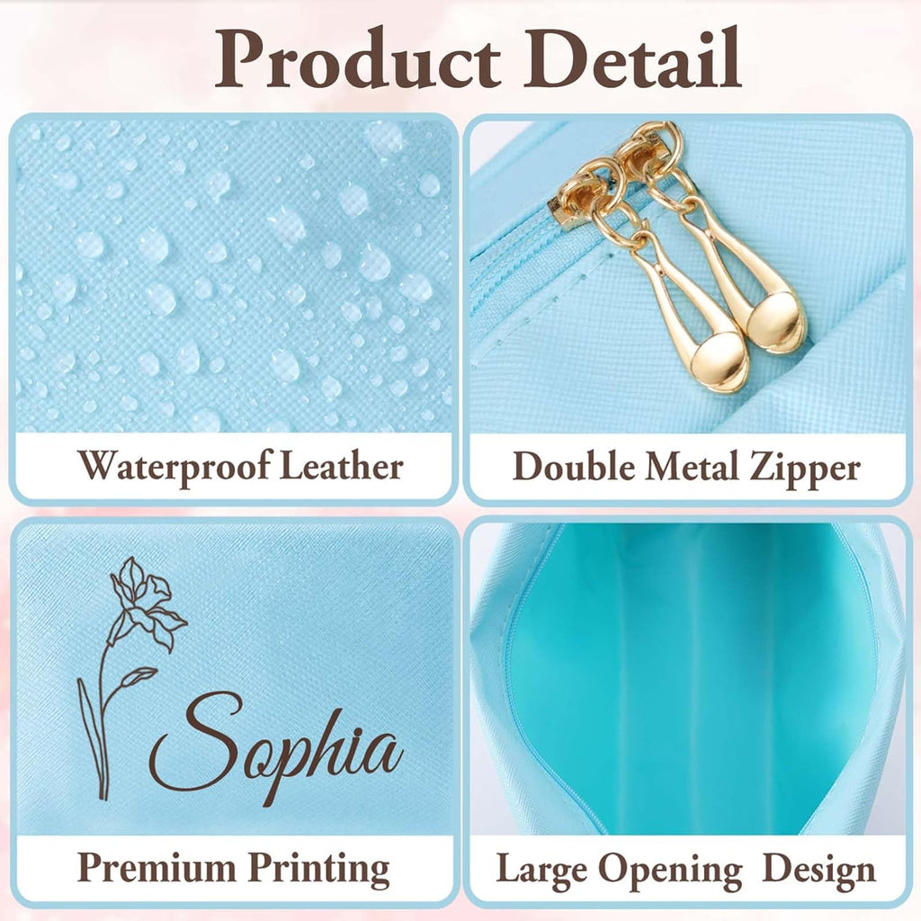 Personalized Makeup Bag with Name & Birth Flower, Custom Leather Cosmetic Bags for Women, Customized Travel Toiletry Bag Gifts for Bridesmaid Wedding
