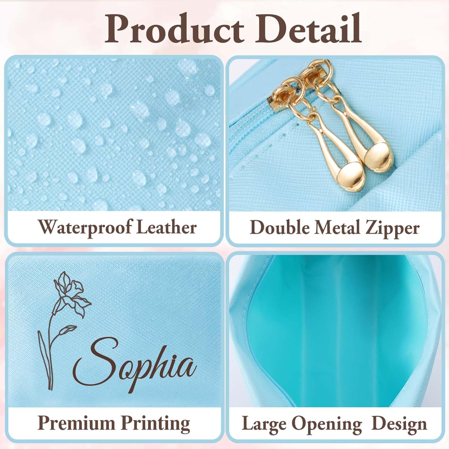 Personalized Makeup Bag with Name & Birth Flower, Custom Leather Cosmetic Bags for Women, Customized Travel Toiletry Bag Gifts for Bridesmaid Wedding