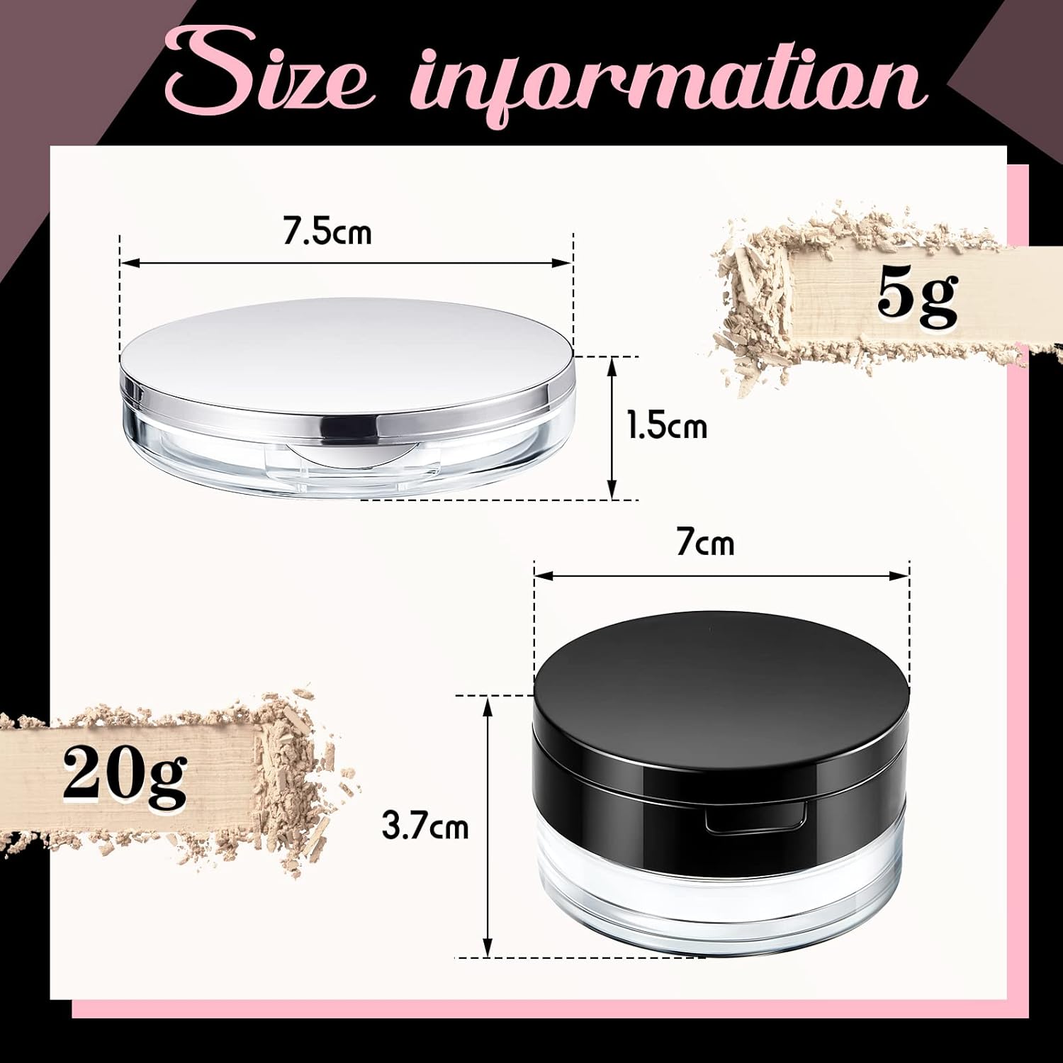 Cunhill 2 Pcs Loose Powder Container with Puff 0.17/0.7 oz Reusable Plastic Empty Case Portable DIY Makeup Powder Container Compact Case with Mirror and Net Sifter(Silver, Black)